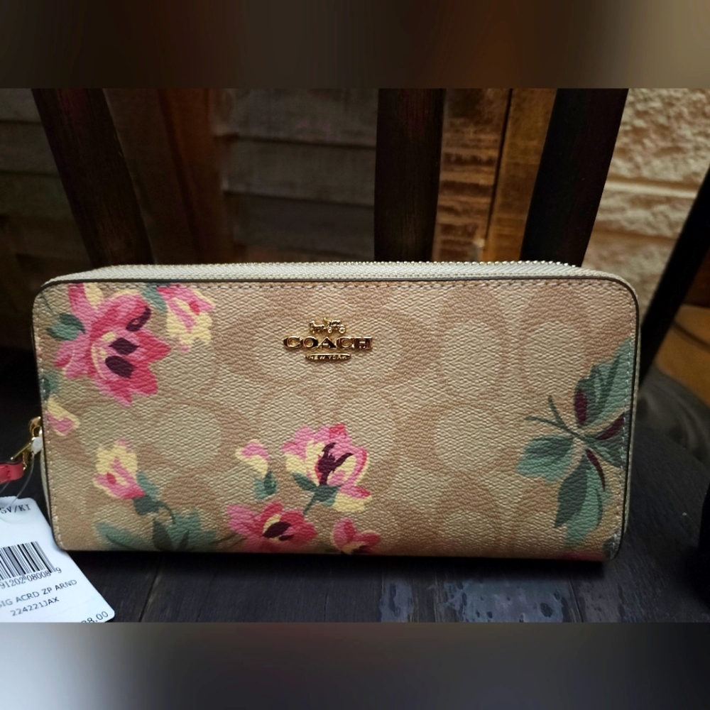 COACH Signature Canvas long zip around Flower Wallet,  Brand New !